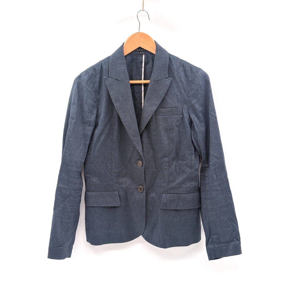 Theory Blazer Linen Blend Striped Women 8 Lightweight Blue Minimalist Career